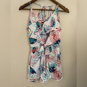 Hummingbird White Tropical Print Tie-Waist Romper